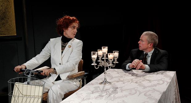 L-R: Amy Thone and Darragh Kennan in New Century Theatre Company's adaptation of Kafka's "The Trial". Photo by Chris Bennion