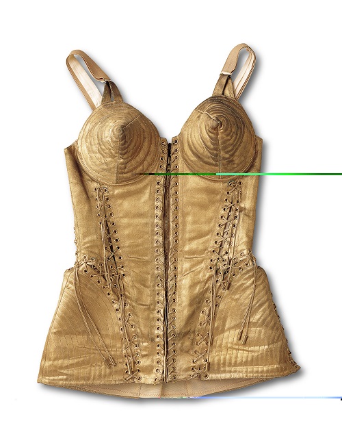 The infamous Gaultier designed bustier worn by Madonna on the Blond Ambition Tour, 1990. Credit: Rock and Roll Hall of Fame and Museum