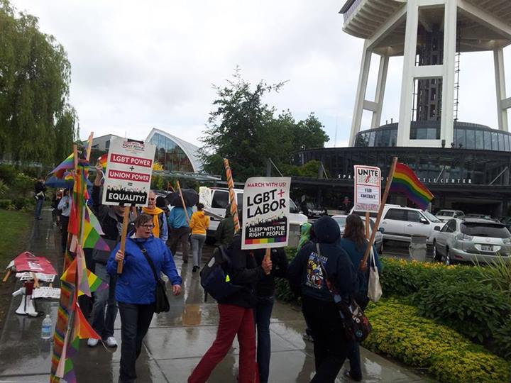 LGBTQ Allyship at a labor rally/protest at the Seattle Space Needle earlier this year. The group plans another protest on Sunday, June 30, 2013 at 3pm. Photo: LGBTQ Allyship