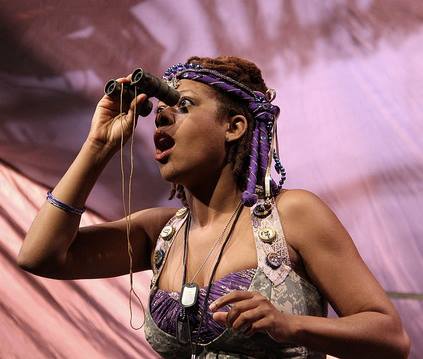 Shontina "Tina" Vernon desperately searches for a coherent script in Intiman Festival's production of Aristophanes' "Lysistrata". Photo: Intiman Festival