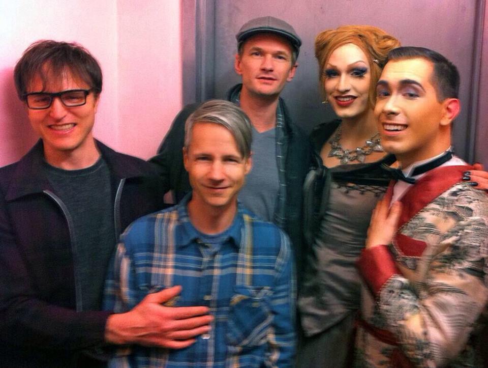 Composer Stephen Trask, actors John Cameron Mitchell and Neil Patrick Harris visit the cast of The Vaudevillians, Jerick Hoffer and Richard Andriessen, backstage at The Laurie Beechman Theatre in NYC.