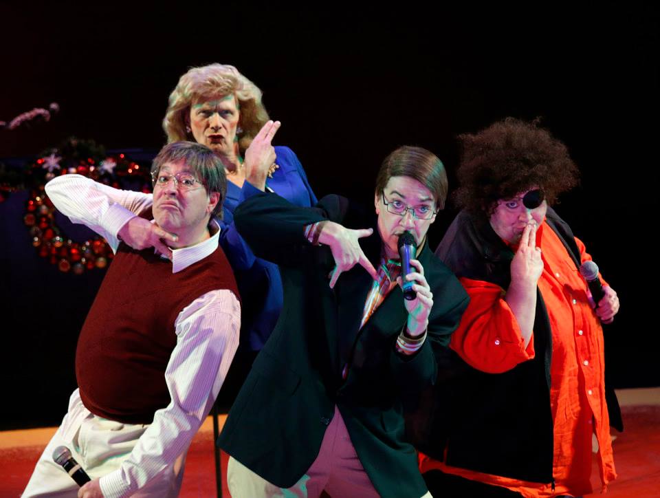 From left: The Seatles--D.J. Gommels as Bill Gates, Michael Oaks as Jean Ennersen, Lisa Koch as Paul Allen, and Peggy Platt as Dale Chihuly, all part of HAM FOR THE HOLIDAYS 2013 at ACT now through Dec 22. Photo: Chris Bennion.