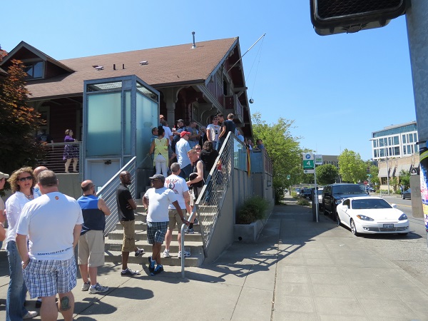 Fans of The Timberline c/w Seattle gay bar/landmark line up for "The Timberline Revisited" a special t-dance revival sponsored by Seattle Pride and a benefit for Seattle Men's Chorus/Seattle Women's Chorus. Photo: Douglas McLaughlin for SGS