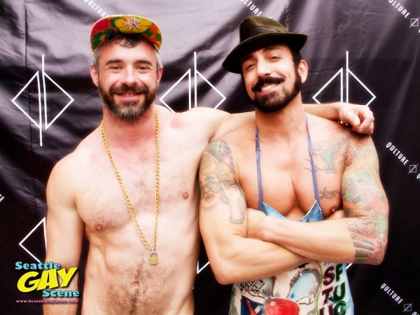 DJ James Cerne & "Club King" Mario Diaz backstage at the DJ Stage at Seattle Pridefest 2014. Photo: Les Sterling for SGS.