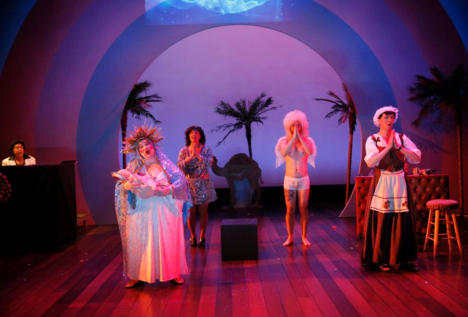 Saturday Night Jesus"-- from l.: Sonny/Tony G (DJ Gommels), Euomi/Mary (Peggy Platt), Wynotta/Angie (Lisa Koch), Angel (James Knoll), Barton Chad Thomas/Joseph (Michael Oaks). From "Ham for the Holidays: Fear the Bacon" Photo by Chris Bennion